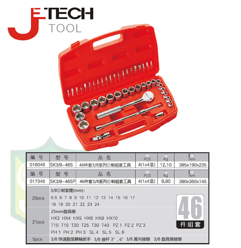 JETECH #SK3/8-46SP 3/8" 5.5-24MM 46PCS PLASTIC BOX SET