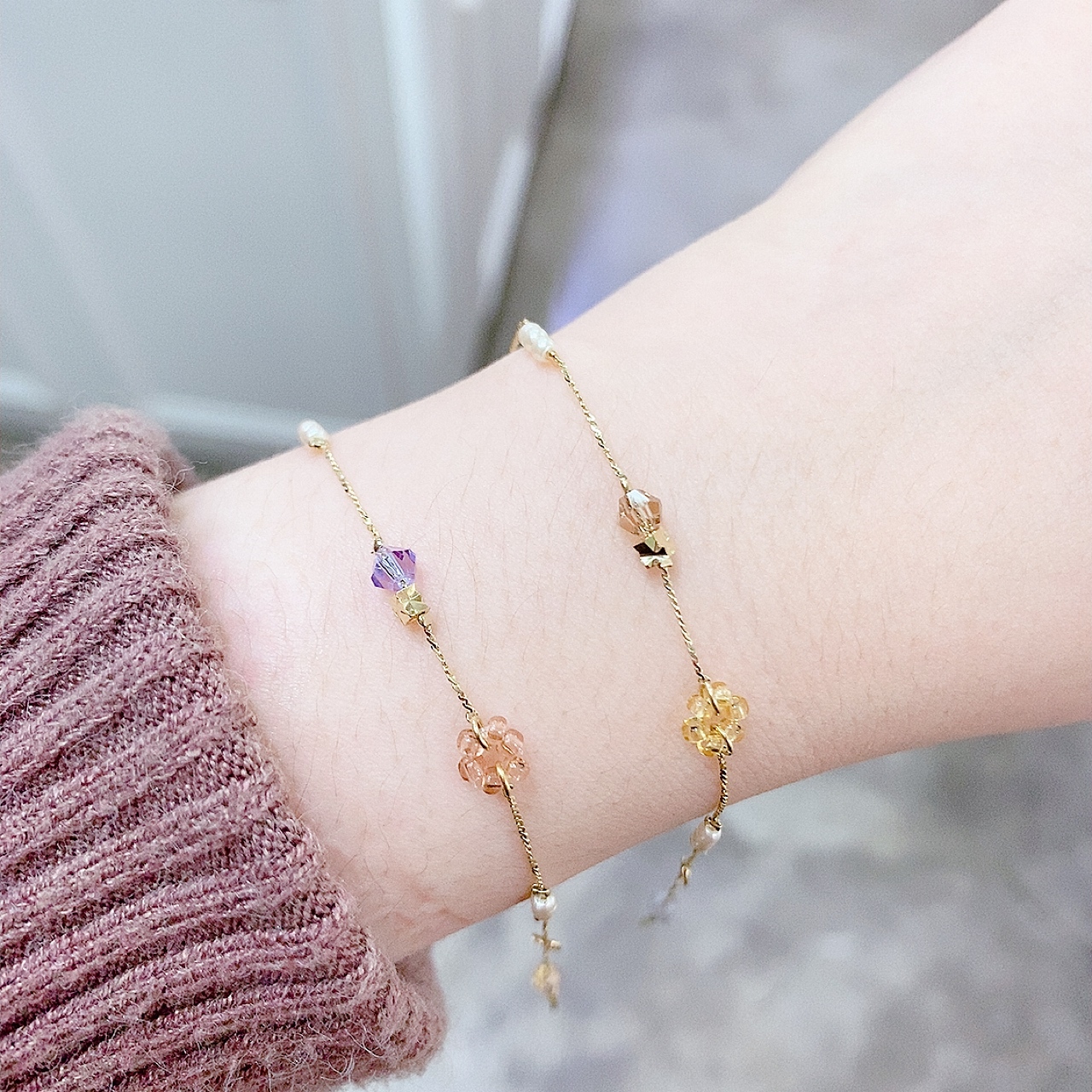 [日本制] 彩色珠小花珍珠手鏈