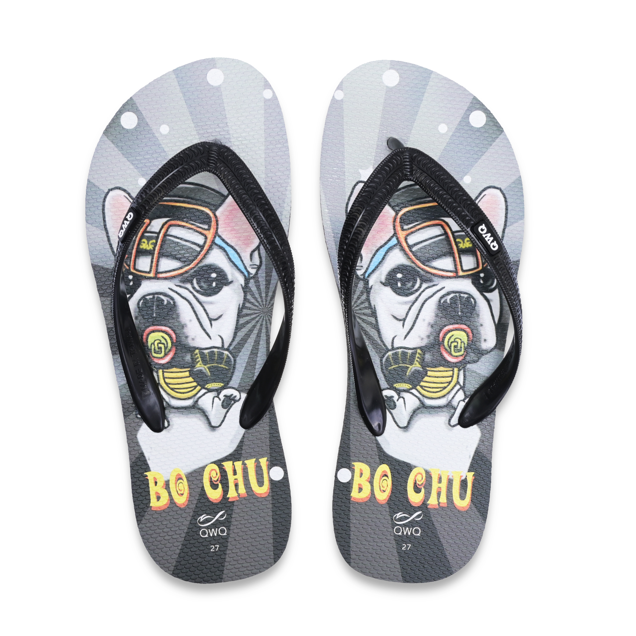 Bo Chu 黑色 插圖男款夾腳拖鞋 文創繪圖可愛法鬥風格款
