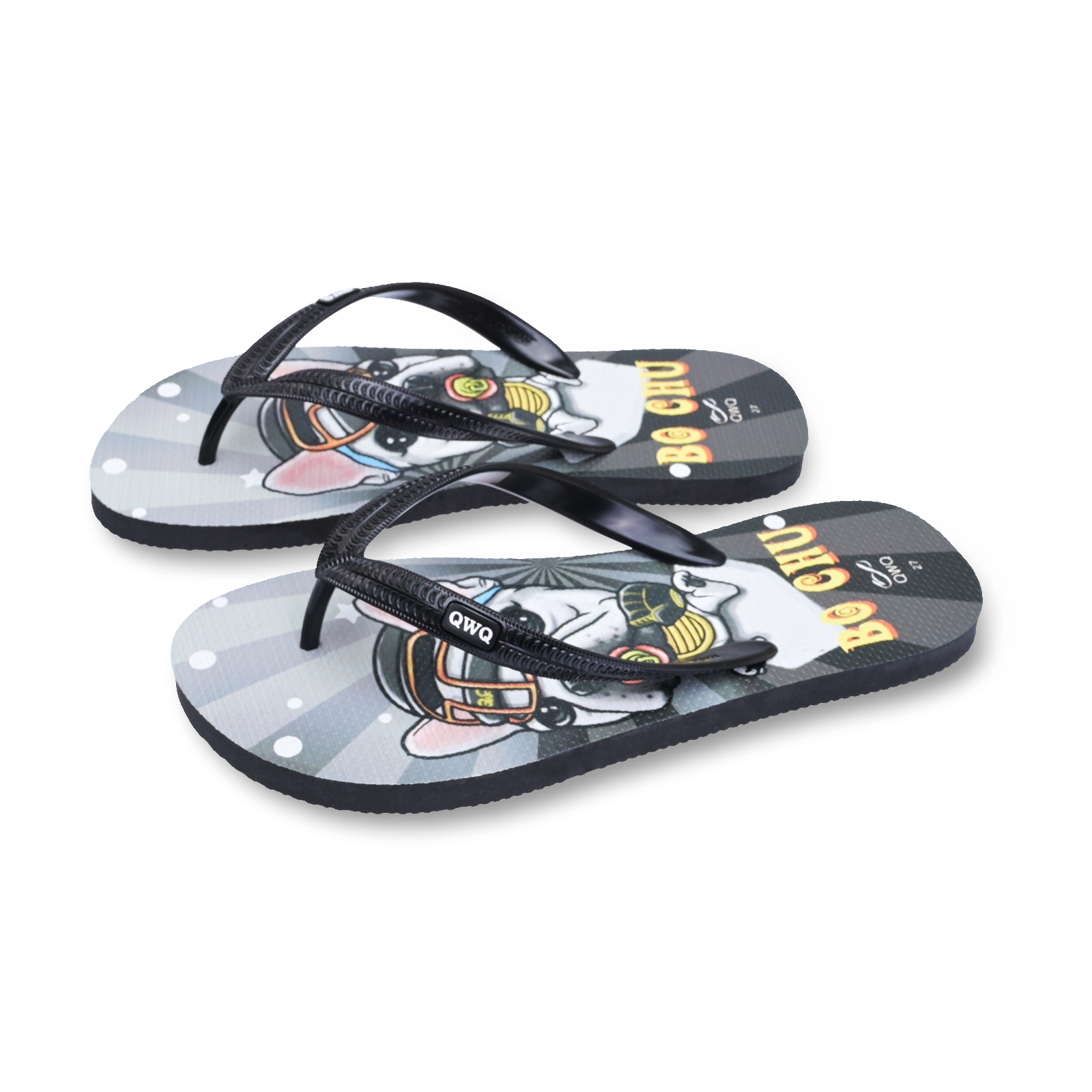 Bo Chu 黑色 插圖男款夾腳拖鞋 文創繪圖可愛法鬥風格款