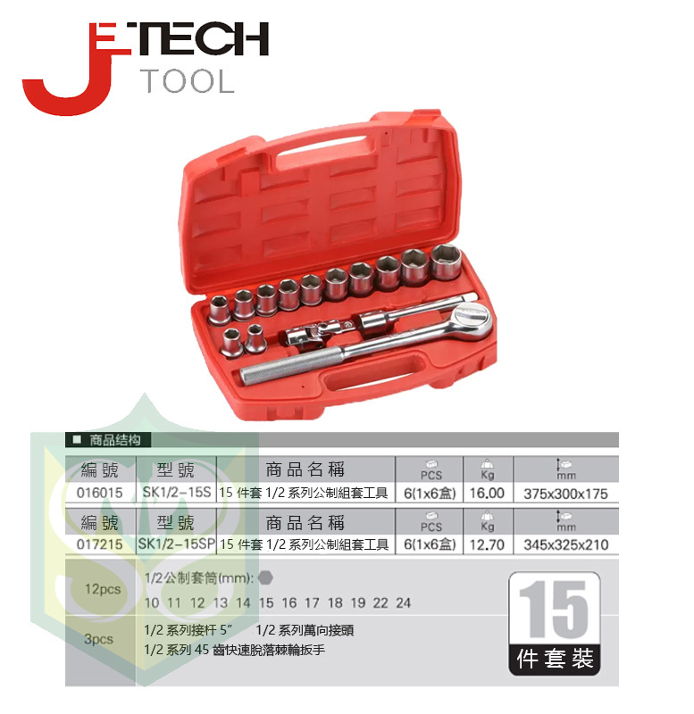 JETECH #SK1/2-15SP 1/2" 10-24MM 15PCS PLASTIC BOX SET
