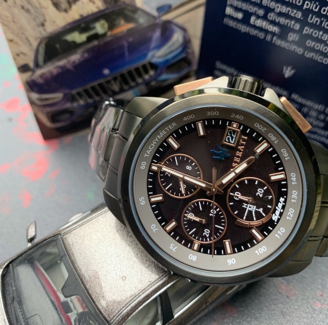 【Maserati瑪莎拉蒂】 太陽能不鏽鋼計時錶-玫瑰金x黑  R8873645001 44mm 現代鐘錶