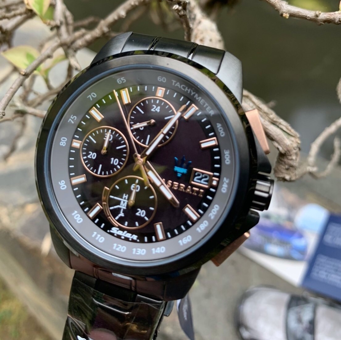 【Maserati瑪莎拉蒂】 太陽能不鏽鋼計時錶-玫瑰金x黑  R8873645001 44mm 現代鐘錶