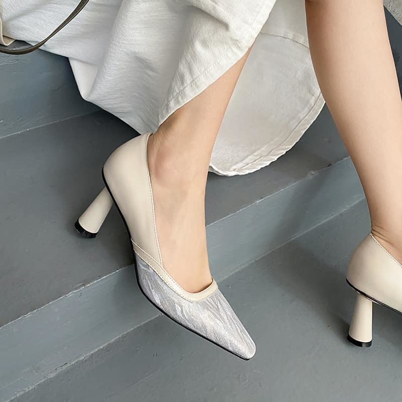 特殊紋路 粗高跟鞋 (33-40)(米白色/ 棕色)