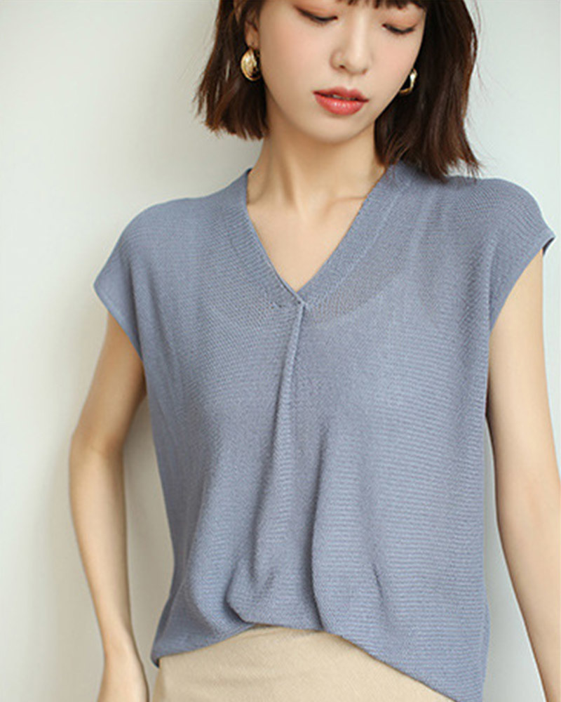 DEER.W雙V領包袖疏針織上衣 灰藍