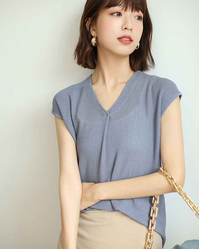 DEER.W雙V領包袖疏針織上衣 灰藍