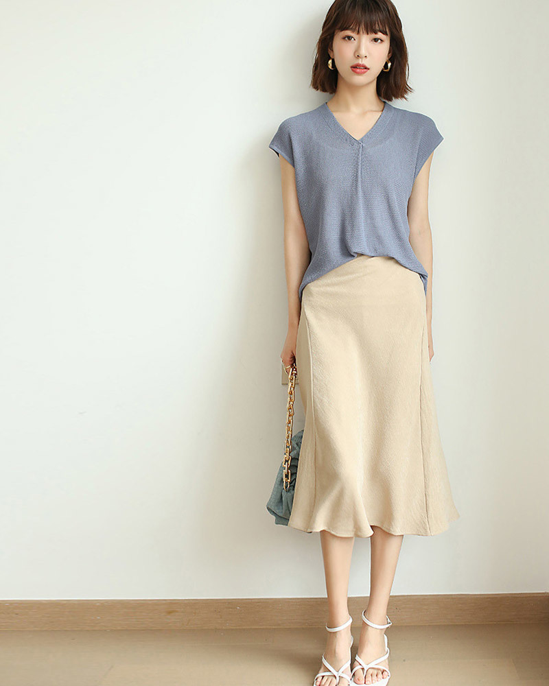 DEER.W雙V領包袖疏針織上衣 灰藍