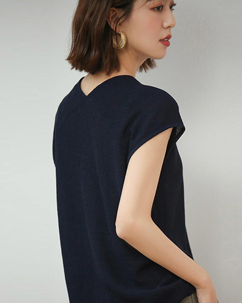 DEER.W雙V領包袖疏針織上衣 藏青