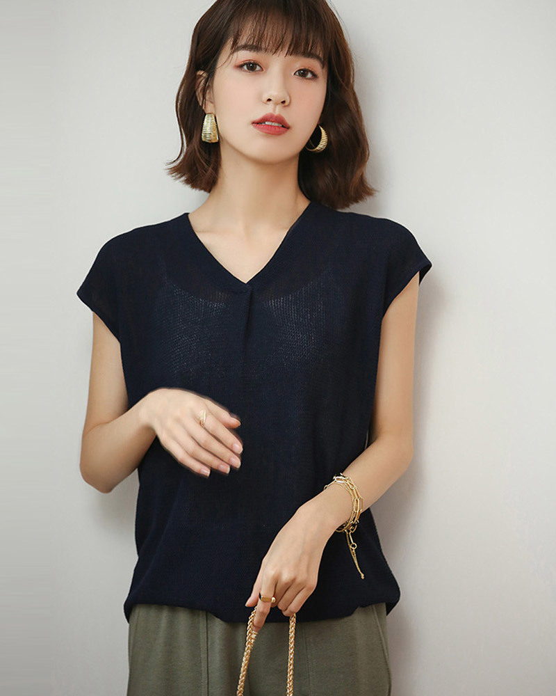 DEER.W雙V領包袖疏針織上衣 藏青