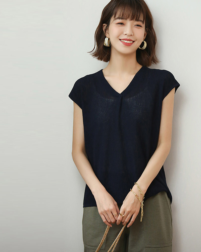 DEER.W雙V領包袖疏針織上衣 藏青