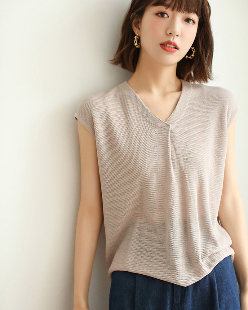 DEER.W雙V領包袖疏針織上衣 淺駝