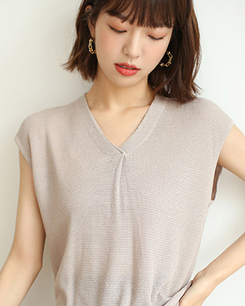 DEER.W雙V領包袖疏針織上衣 淺駝