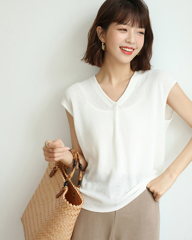 DEER.W雙V領包袖疏針織上衣 白色