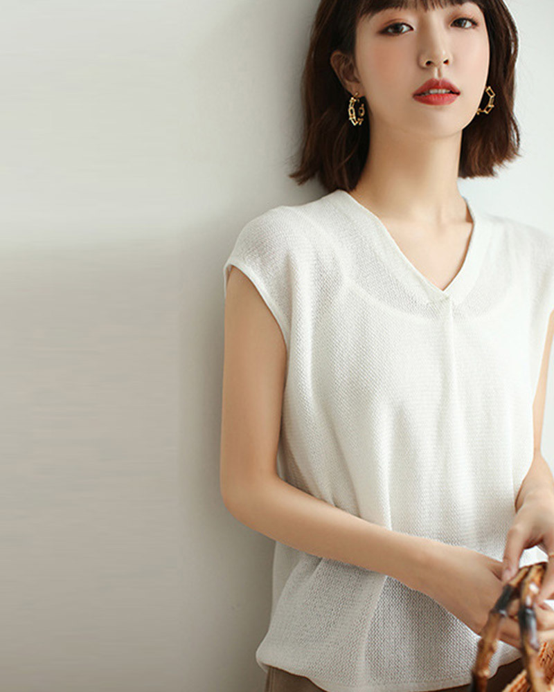 DEER.W雙V領包袖疏針織上衣 白色