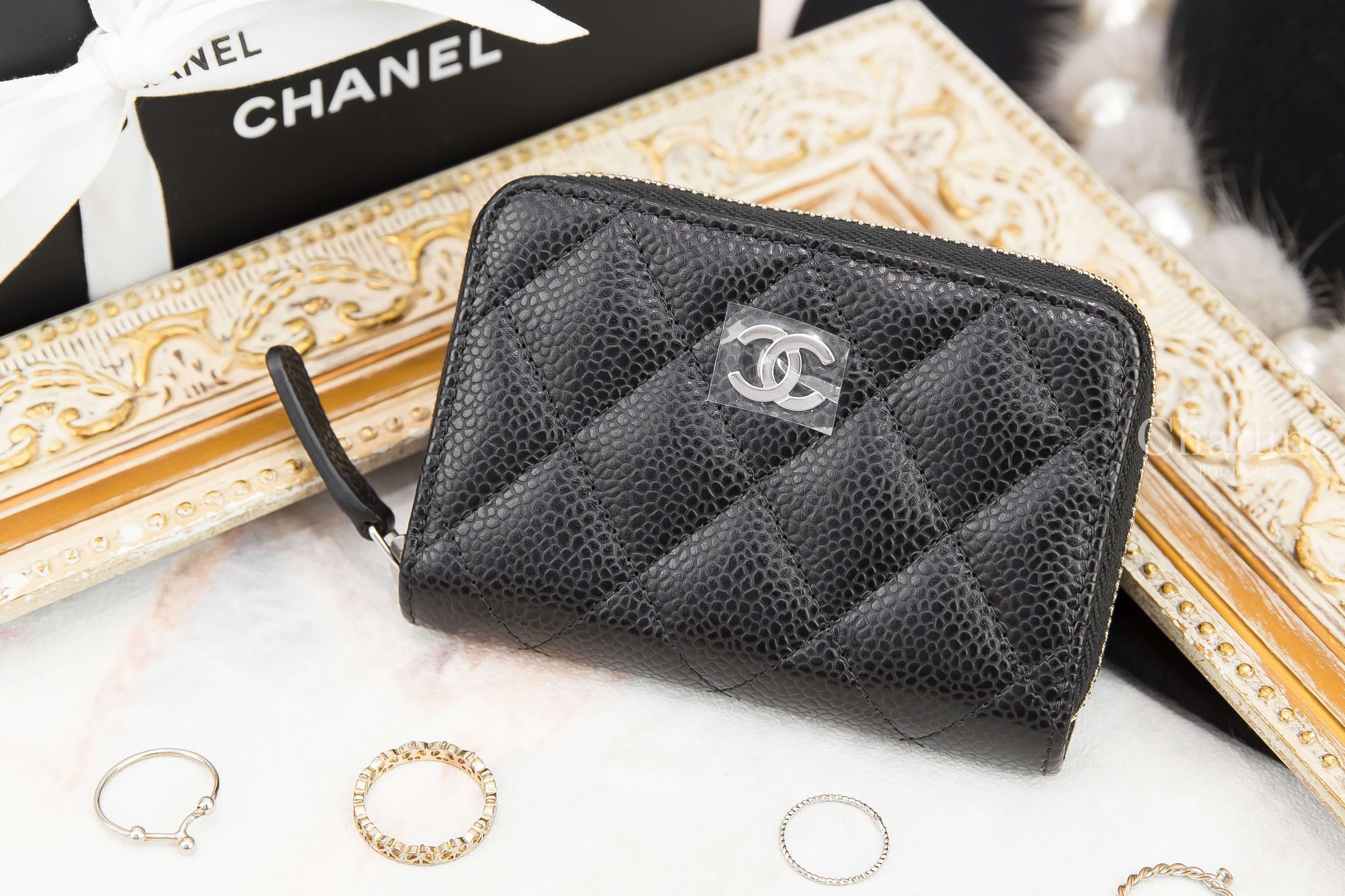 Chanel Classic Zipped Coin Purse 黑色銀CC荔枝菱格紋拉鍊零錢包-Charline Boutique 精品代購