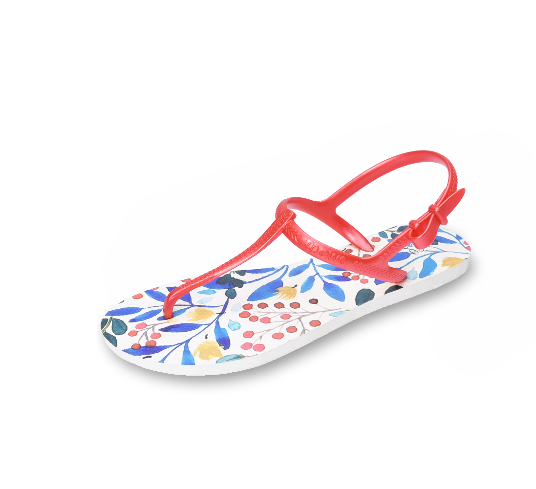 女款綁帶T字涼鞋 繽紛繪圖 Flora熱情巴西紅-白 腳型修長款
