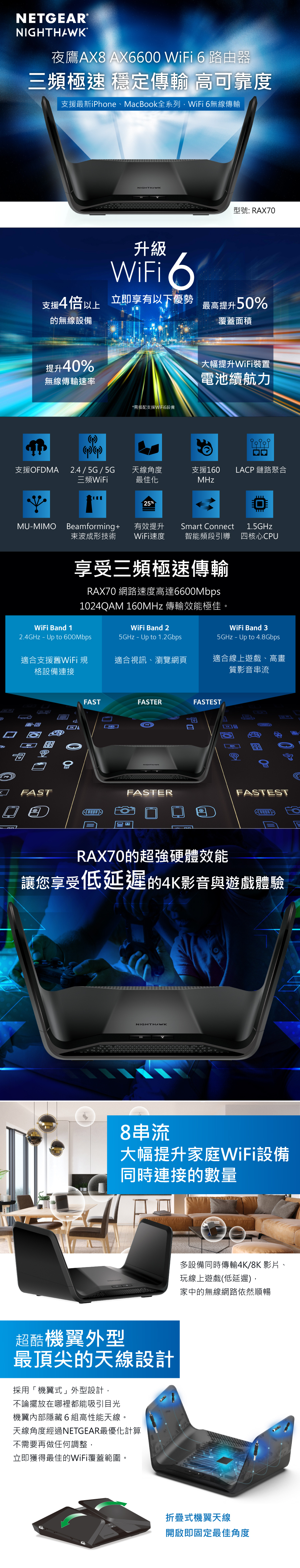 免費送貨】NETGEAR RAX70 夜鷹AX6600 8串流WiFi 6智能路由器