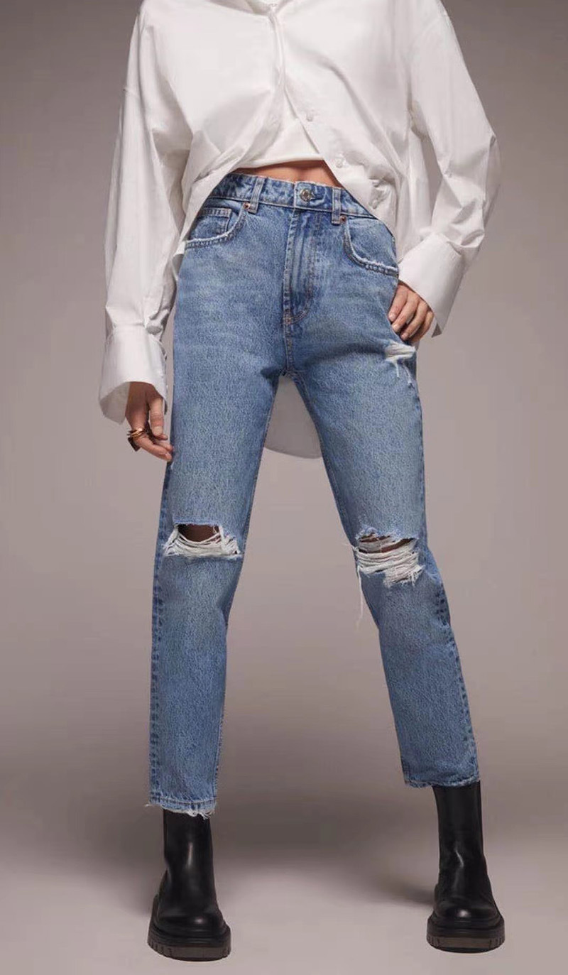 水洗刷破窄直筒牛仔褲