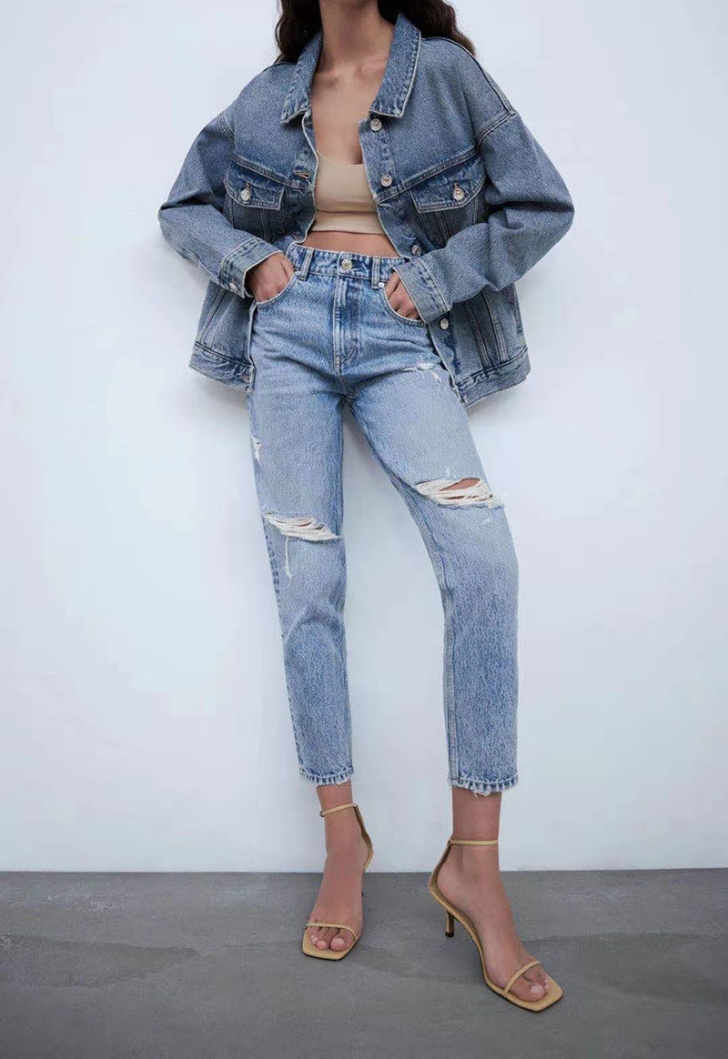 水洗刷破窄直筒牛仔褲