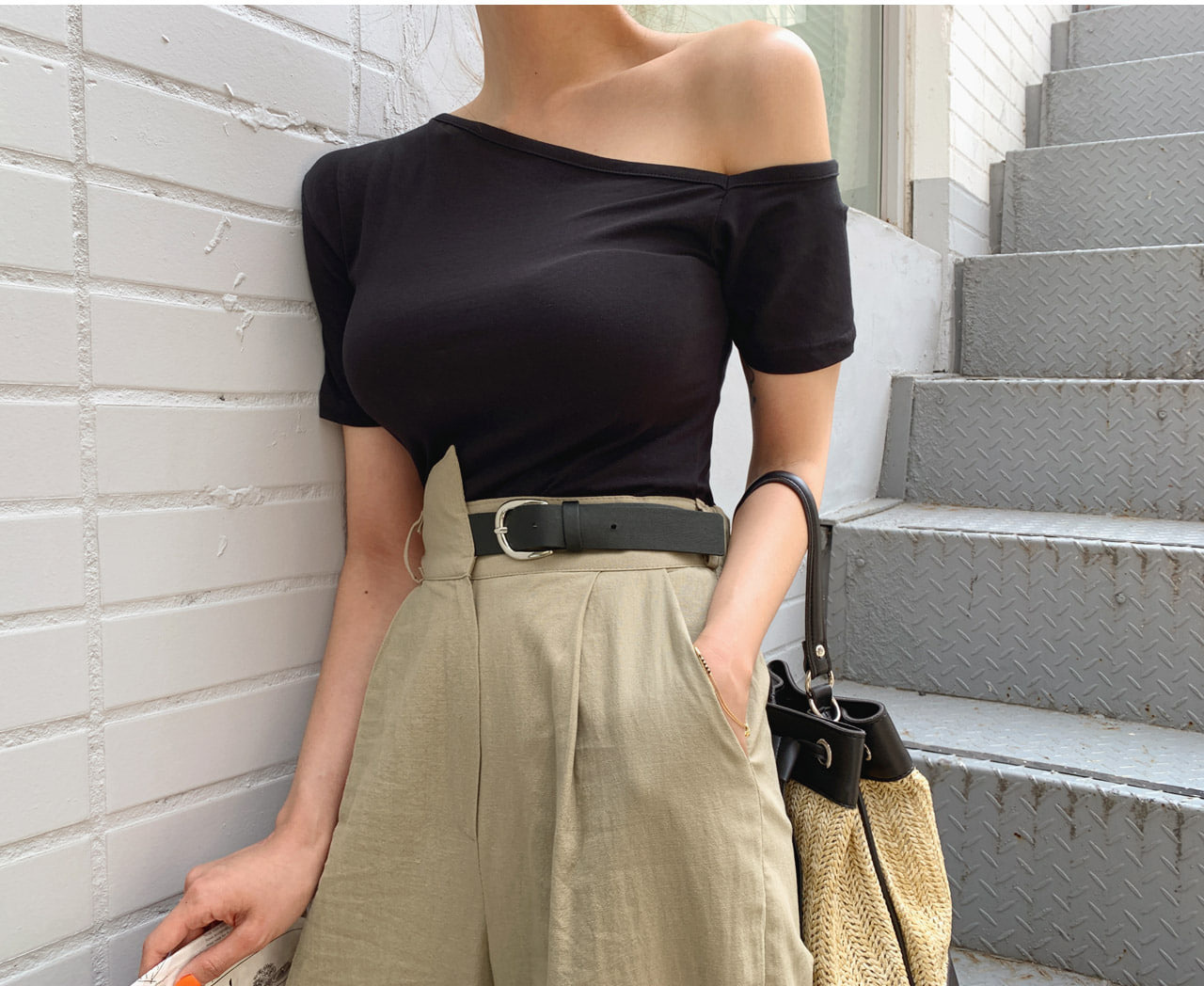 露鎖骨 短袖棉T(黑/白)