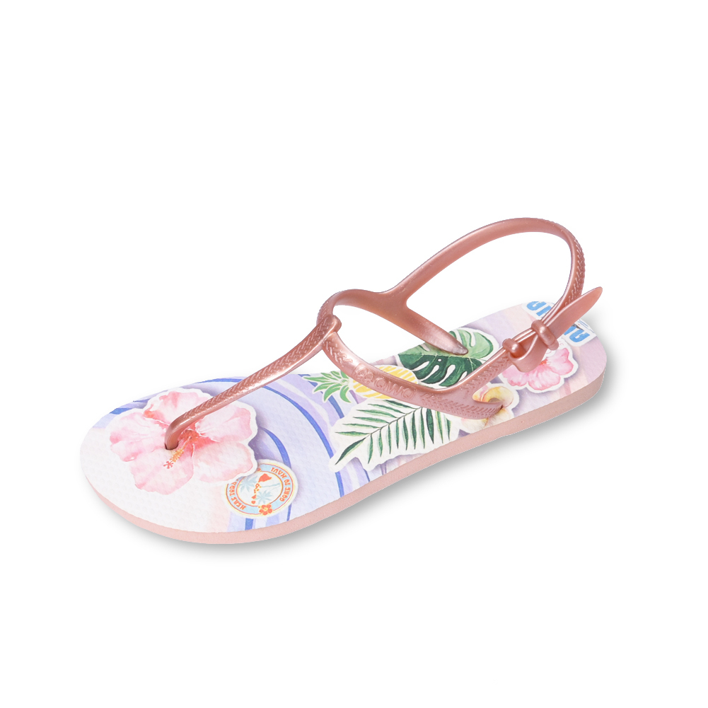 女款綁帶T字涼鞋 繽紛繪圖 Flora拼貼夏威夷-粉金 腳型修長款