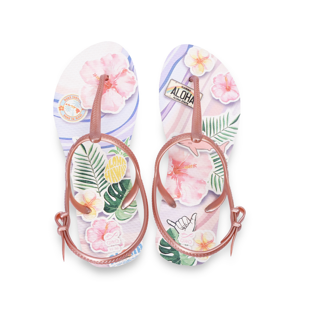 女款綁帶T字涼鞋 繽紛繪圖 Flora拼貼夏威夷-粉金 腳型修長款
