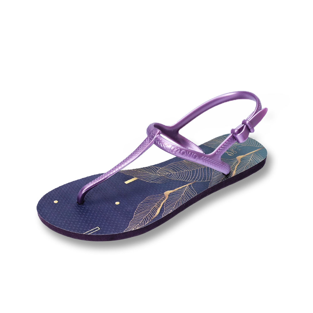 女款綁帶T字涼鞋 繽紛繪圖 Leaf金葉夜色-紫色 腳型修長款