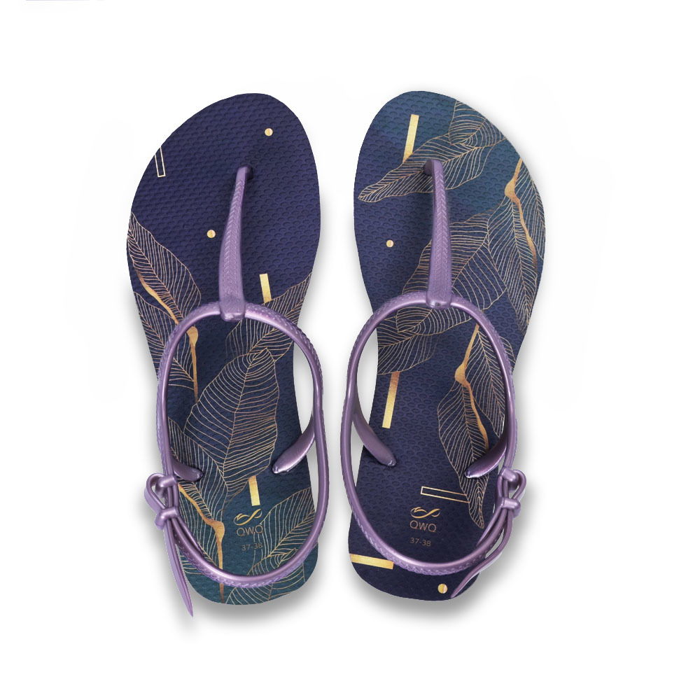 女款綁帶T字涼鞋 繽紛繪圖 Leaf金葉夜色-紫色 腳型修長款