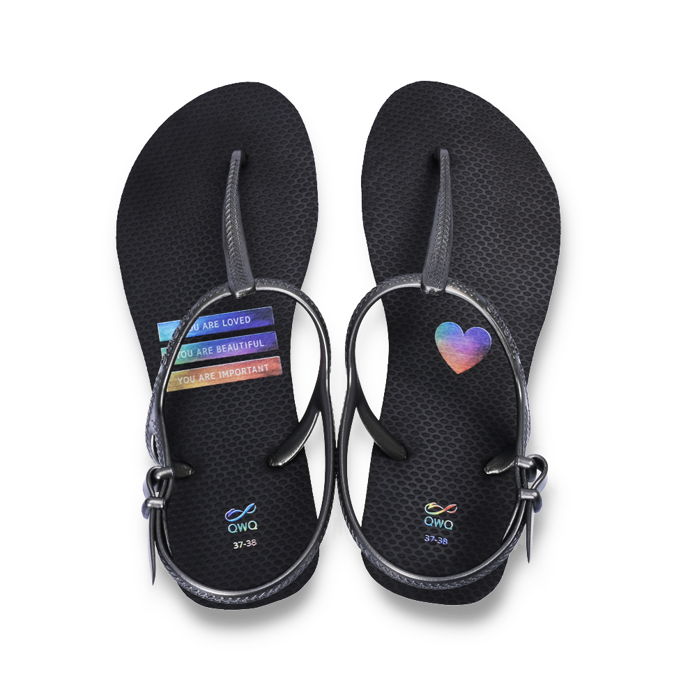 女款綁帶T字涼鞋 繽紛繪圖 繽紛彩虹-曜石黑 腳型修長款