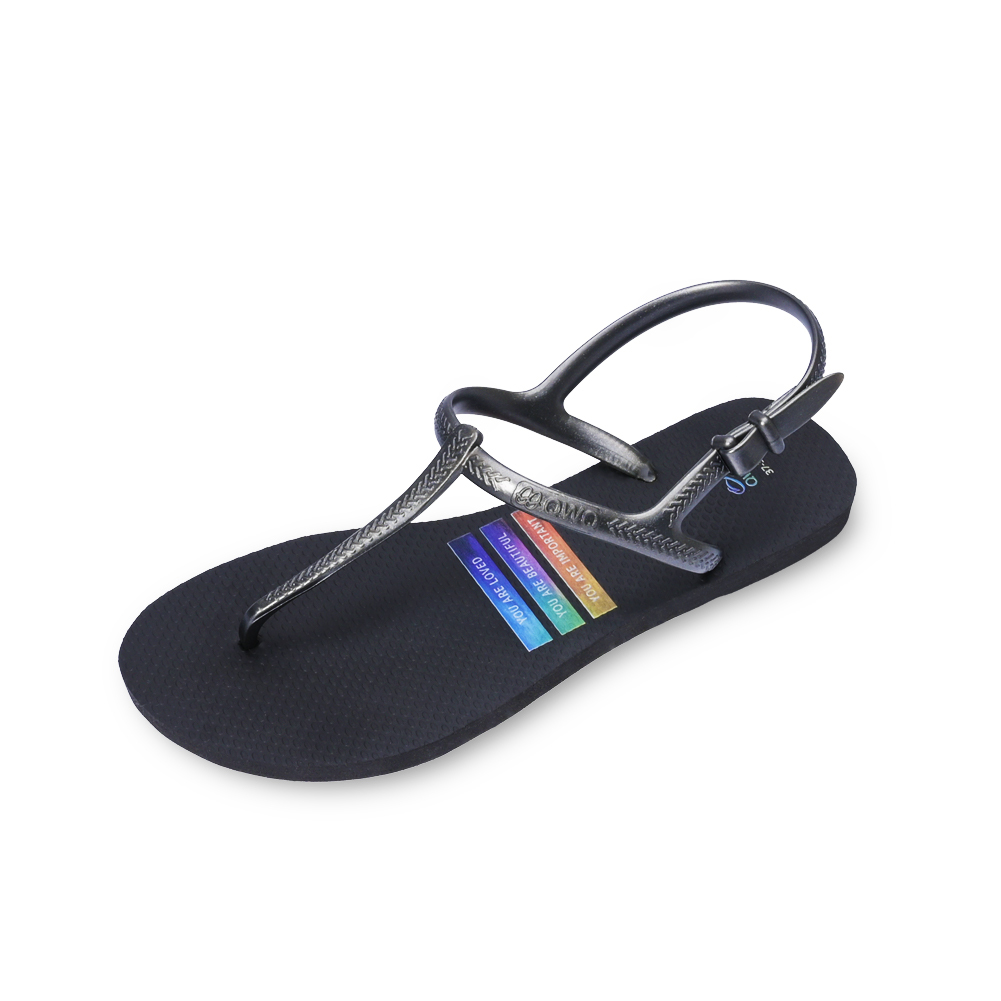 女款綁帶T字涼鞋 繽紛繪圖 繽紛彩虹-曜石黑 腳型修長款