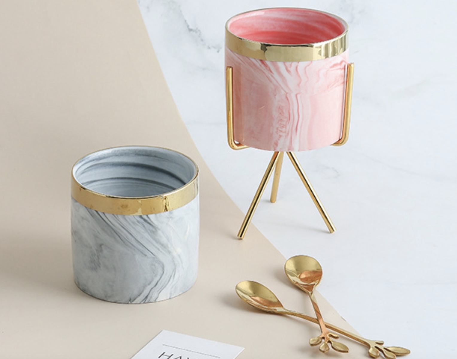 【ＡＨ109】大理石金邊鍍金鐵架收納筒