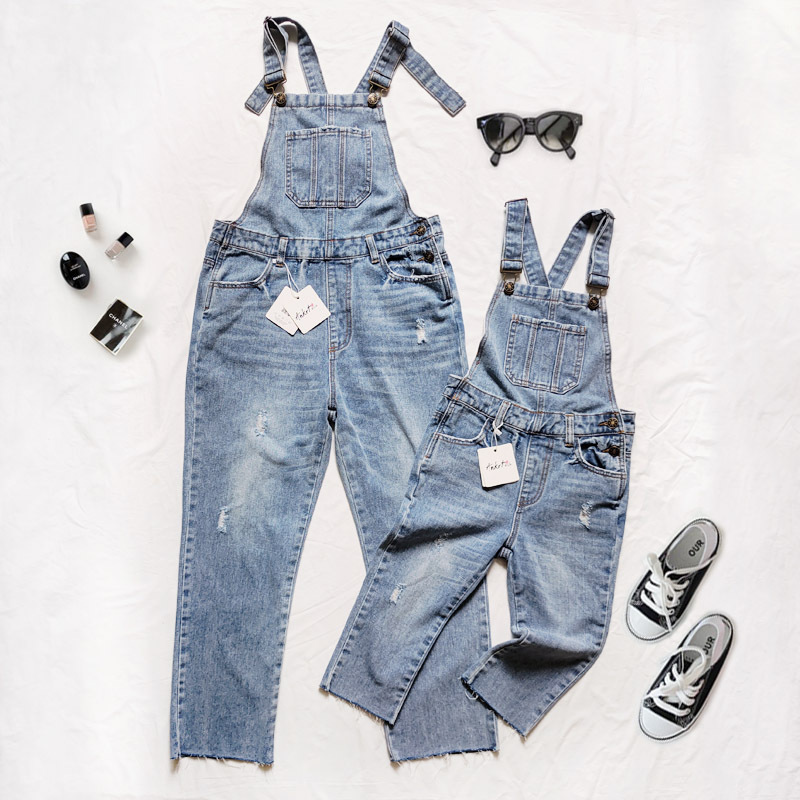 現貨 130cm 親子款 刷破刷白牛仔吊帶褲