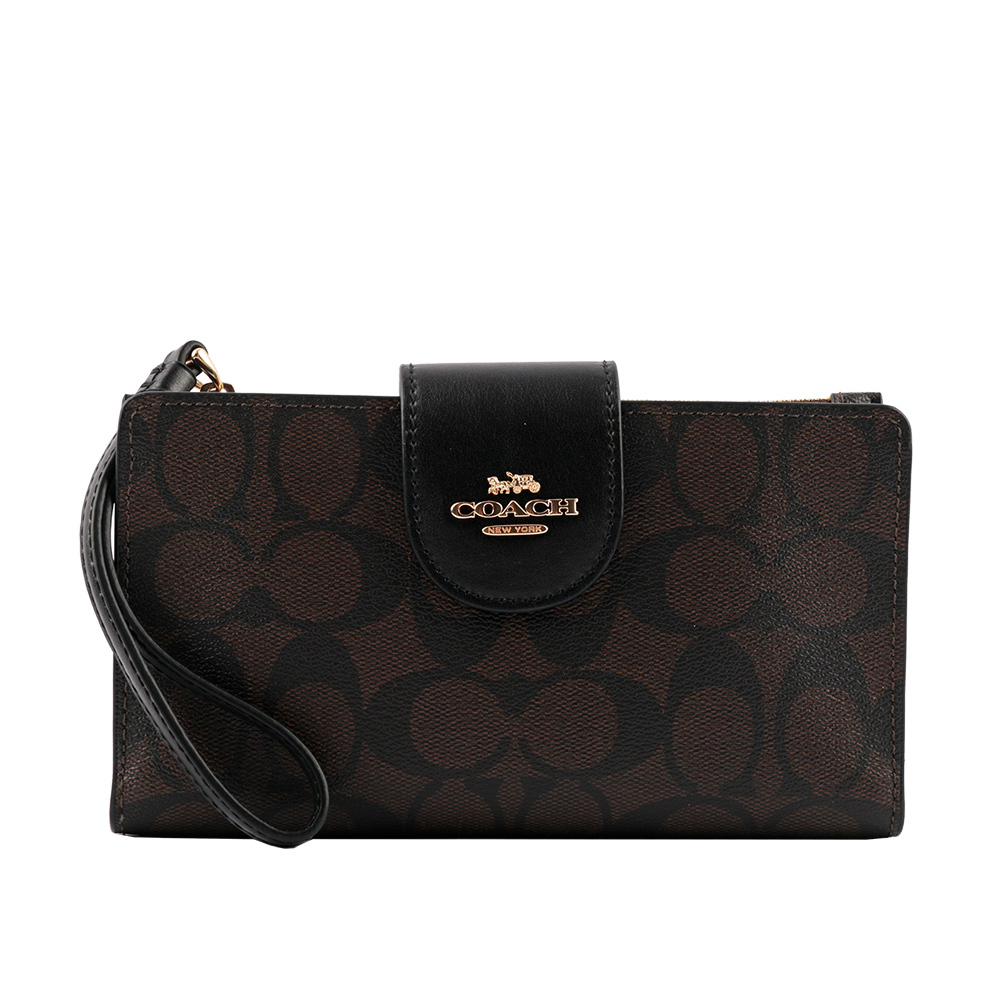 【COACH】PVC皮革馬車Logo壓釦中夾(附提把)(巧克力色)  C2874 IMAA8