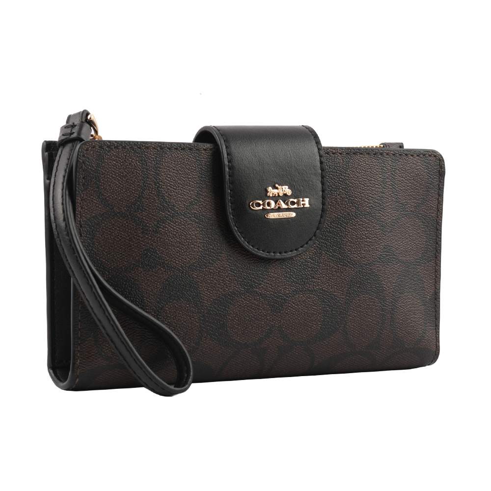 【COACH】PVC皮革馬車Logo壓釦中夾(附提把)(巧克力色)  C2874 IMAA8