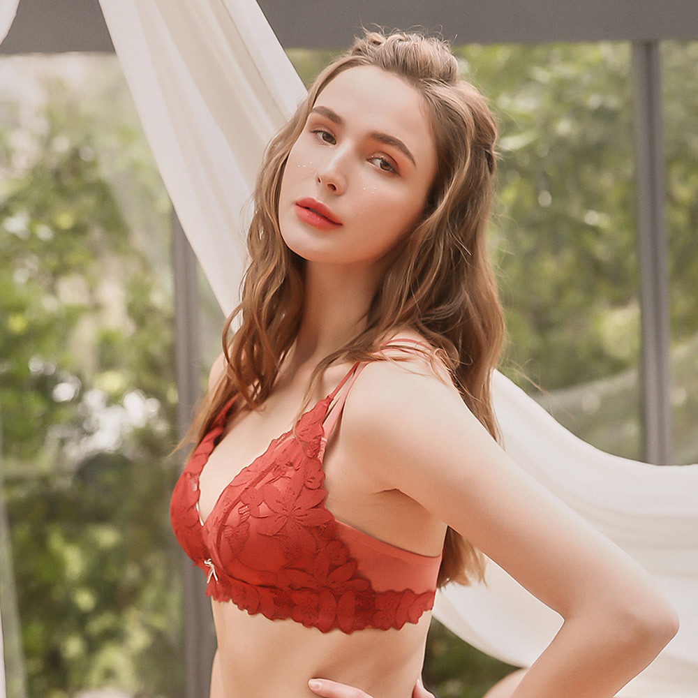 Olivia【舒冉系列-山茶花】無鋼圈花賞蕾絲集中內衣-珊瑚紅