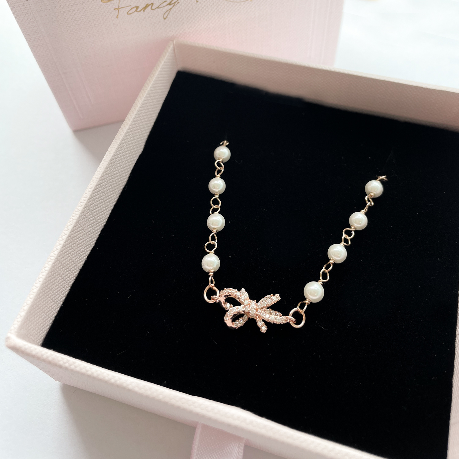 Pearl Crystal Bow Necklace (Rose Gold)