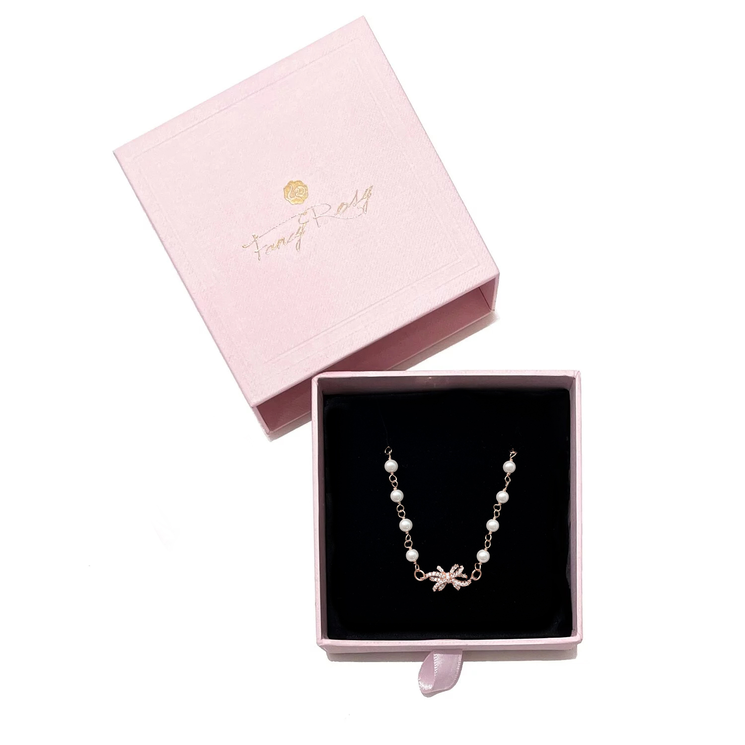 Pearl Crystal Bow Necklace (Rose Gold)