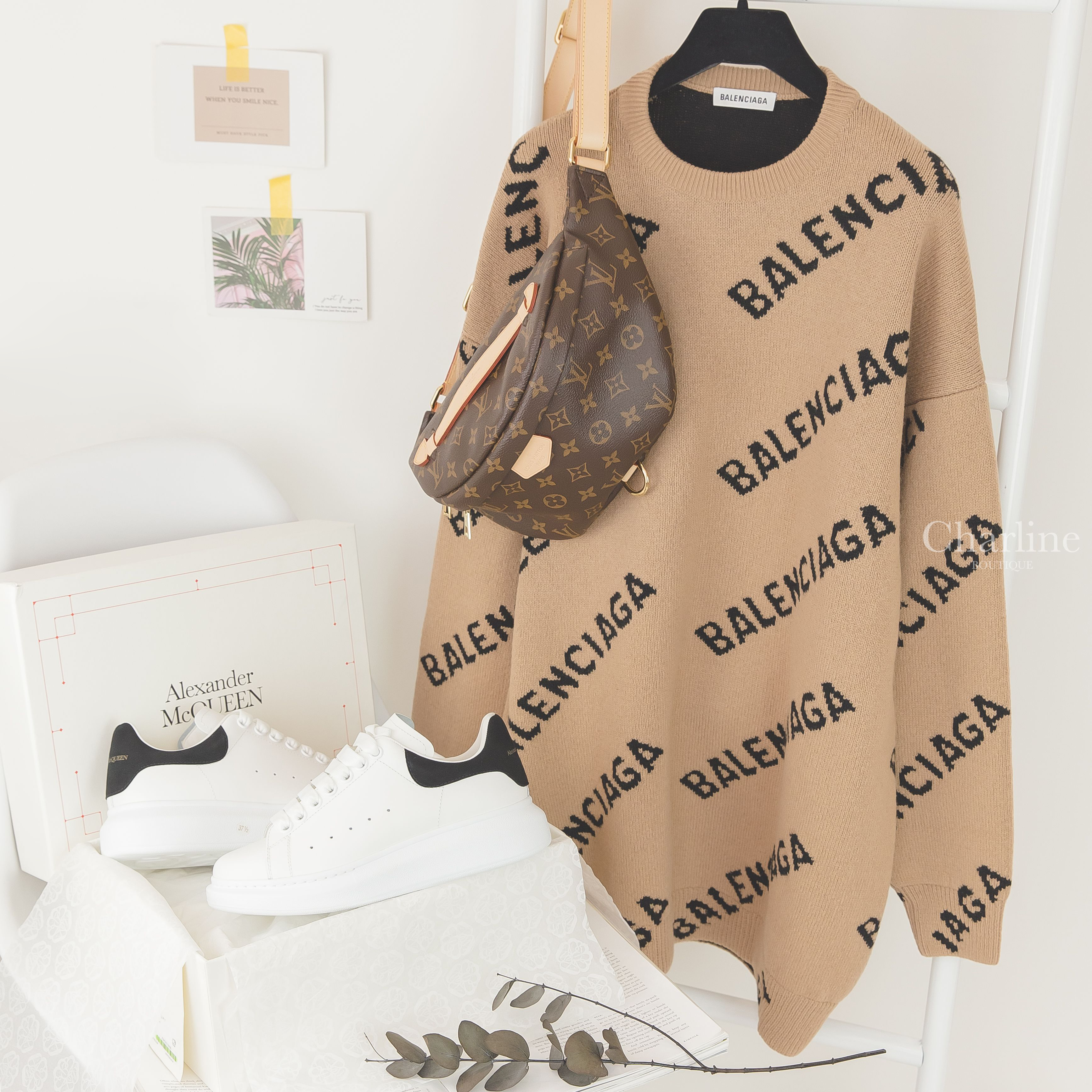 Balenciaga Knitwear 卡其色羊毛混紡長版長袖毛衣,Louis Vuitton Bum Bag 咖啡色手提腰包,Alexander McQueen Sneaker 白色黑麂皮小牛皮運動鞋-Charline Boutique 精品代購