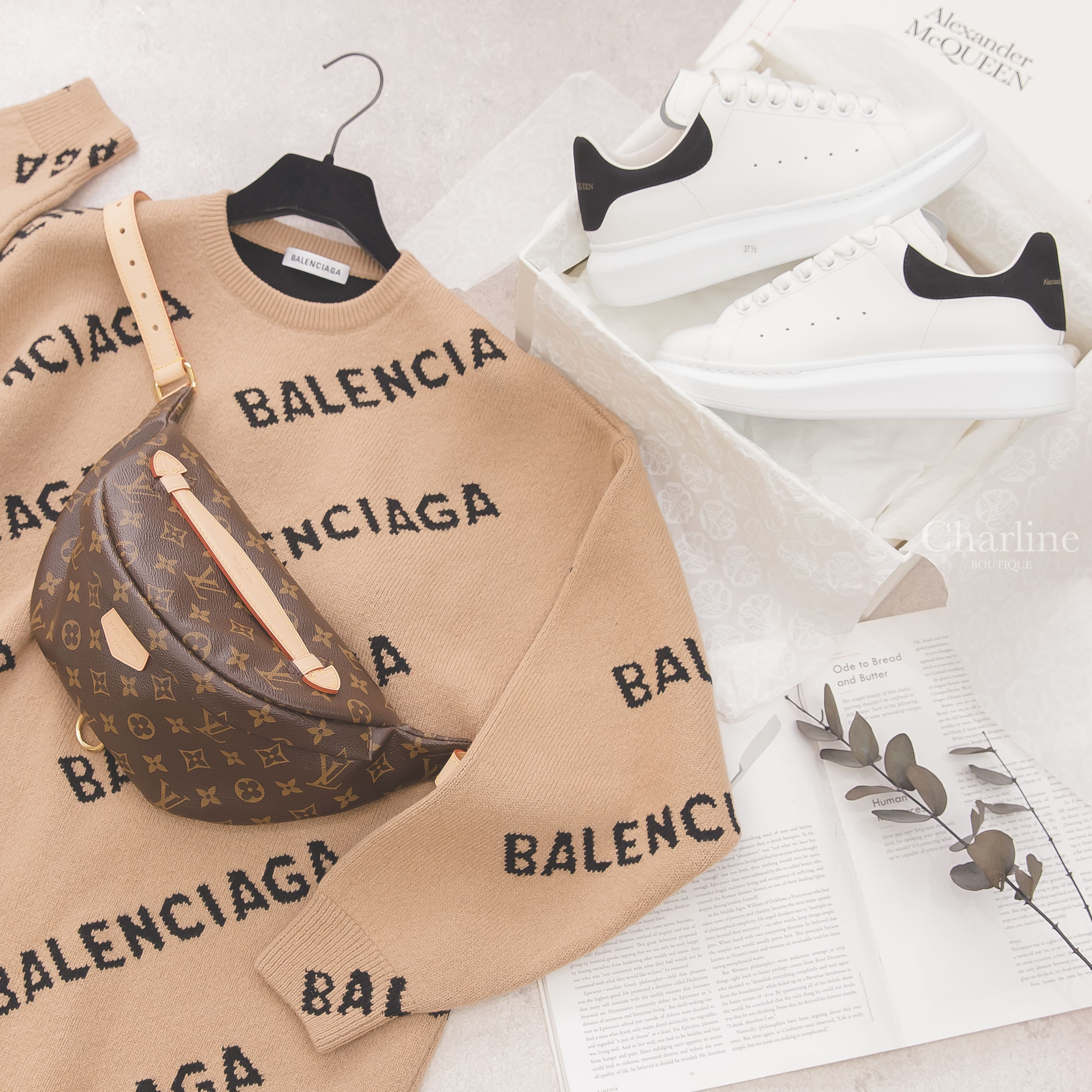 Balenciaga Knitwear 卡其色羊毛混紡長版長袖毛衣,Louis Vuitton Bum Bag 咖啡色手提腰包,Alexander McQueen Sneaker 白色黑麂皮小牛皮運動鞋-Charline Boutique 精品代購
