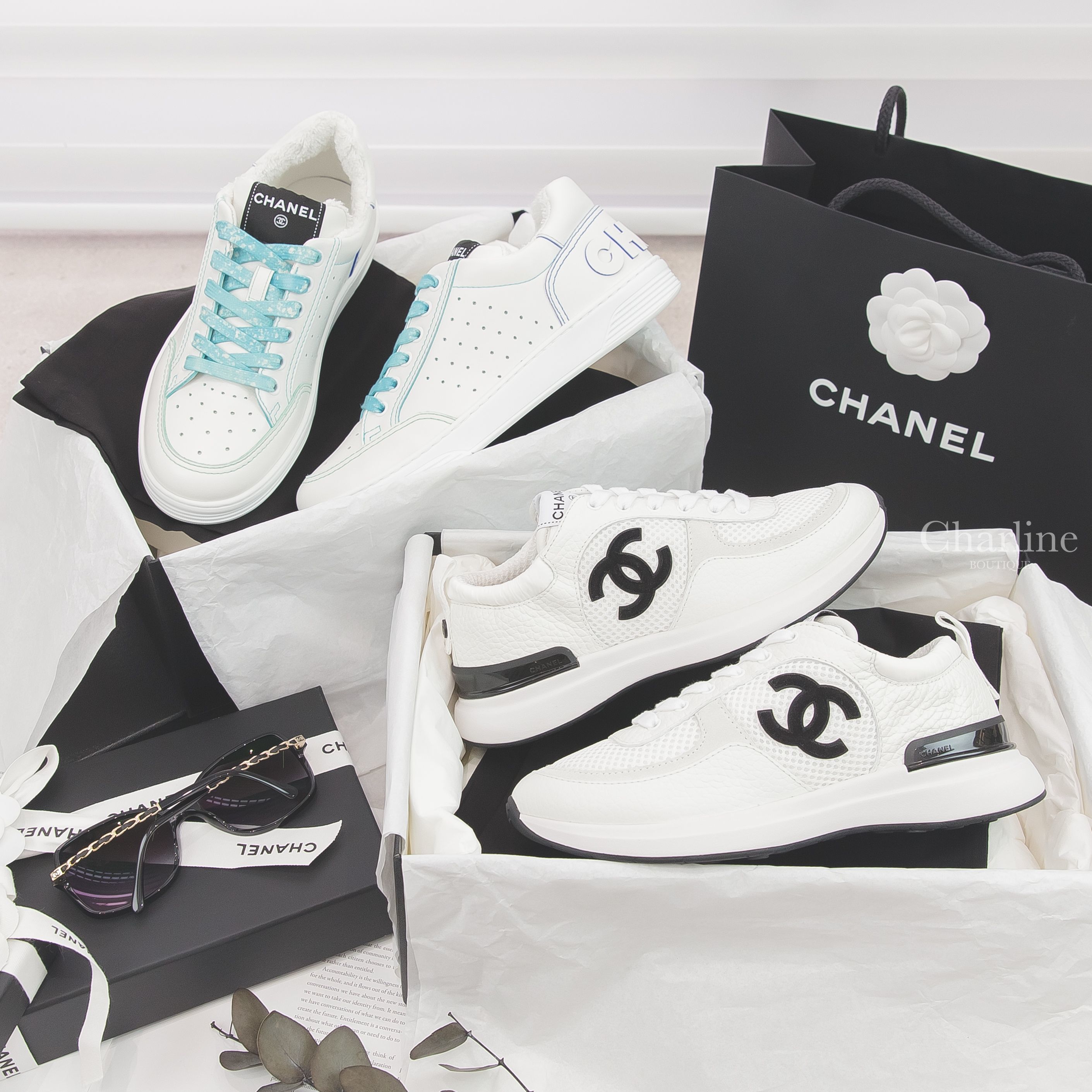 Chanel Trainers 白色湖水綠立體不對稱字母絨毛小牛皮運動鞋,Chanel Trainers 白色黑CC小牛皮運動鞋,Chanel Sunglasses 黑色黑框側邊皮穿金鍊太陽眼鏡-Charline Boutique 精品代購