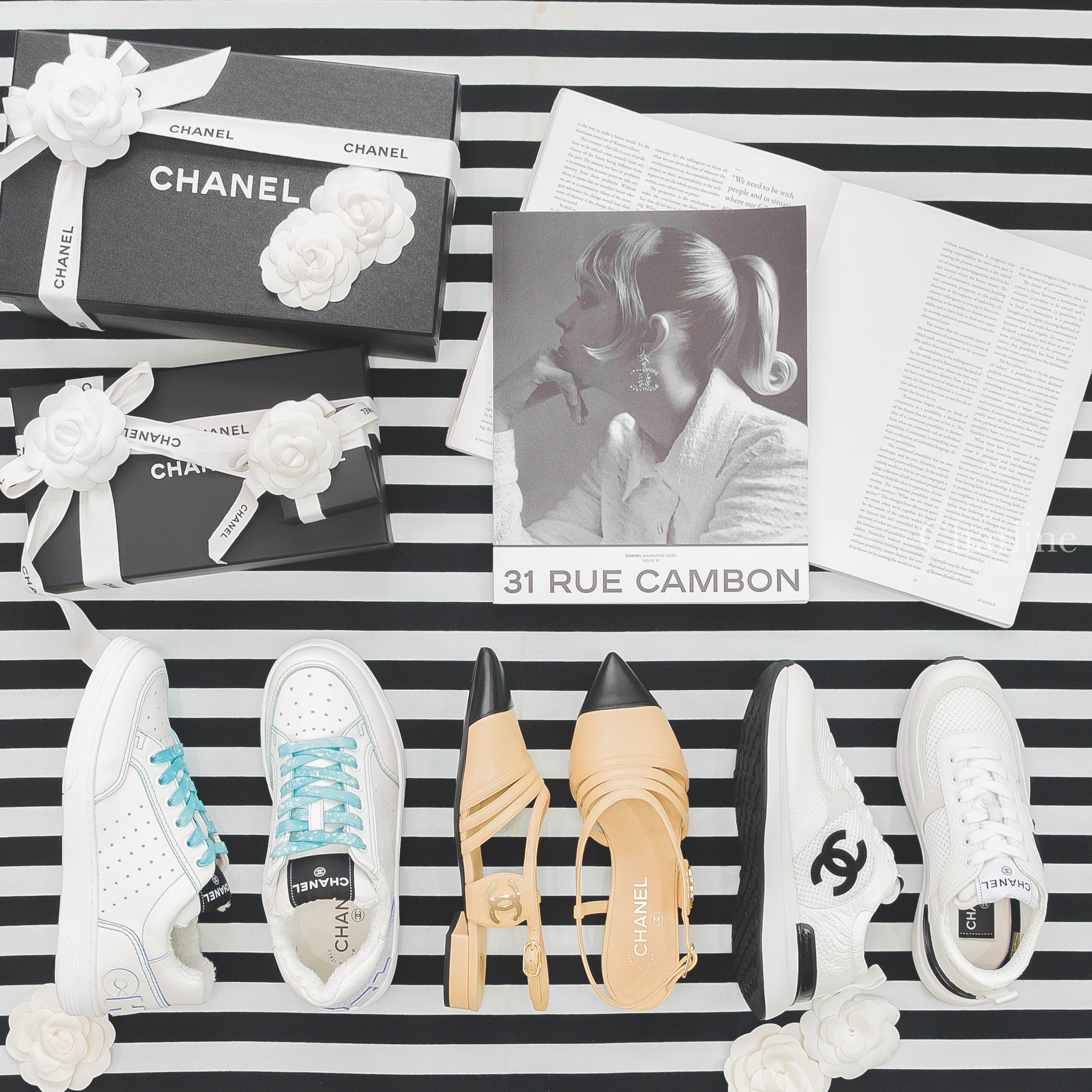 Chanel Trainers 白色湖水綠立體不對稱字母絨毛小牛皮運動鞋,Chanel Trainers 白色黑CC小牛皮運動鞋,Chanel Sandals 駝/黑側邊金CC小羊皮露跟涼鞋-Charline Boutique 精品代購
