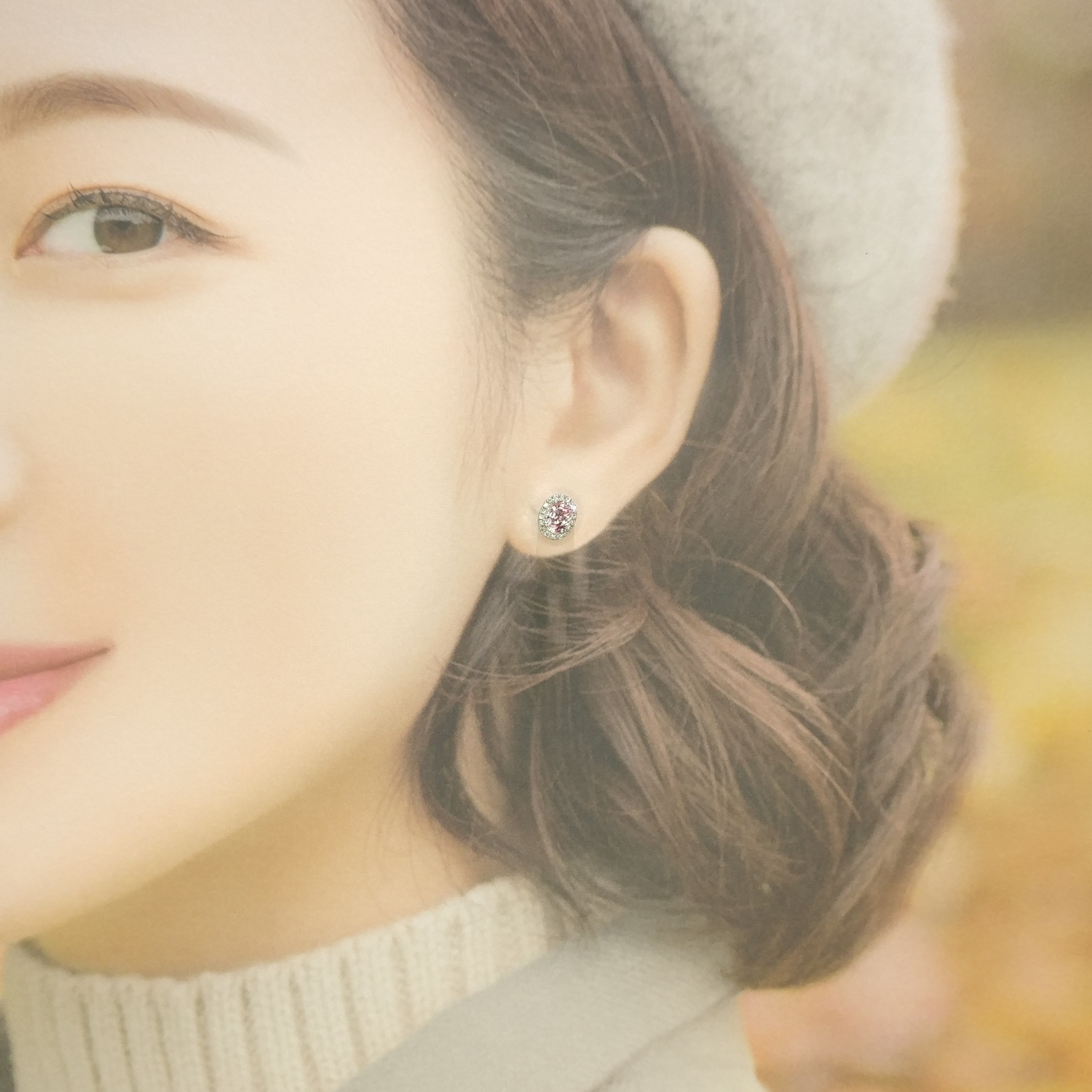 全新18K白金【主石1卡39份粉紅藍寶】配14份鑽石耳環