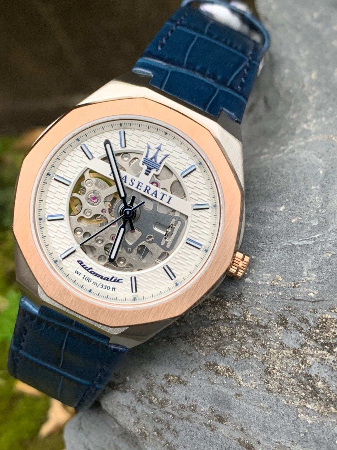 【Maserati瑪莎拉蒂】STILE 限量玫金三針鏤空皮帶機械錶  R8821142001 38mm 現代鐘錶