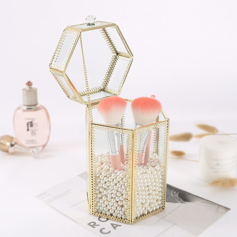 【ＡＨ204】奢華花邊玻璃帶蓋六角收納筒