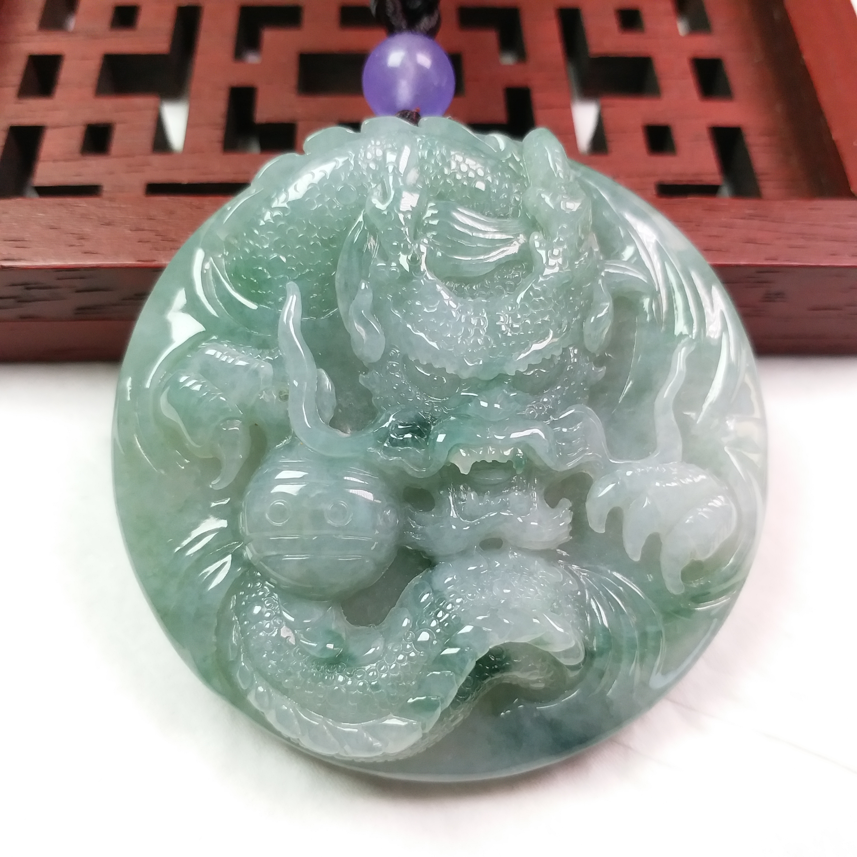冰飄花霸氣龍牌 (54.3mm直徑), 天然翡翠A玉, 緬甸玉, Jade, Jadeite