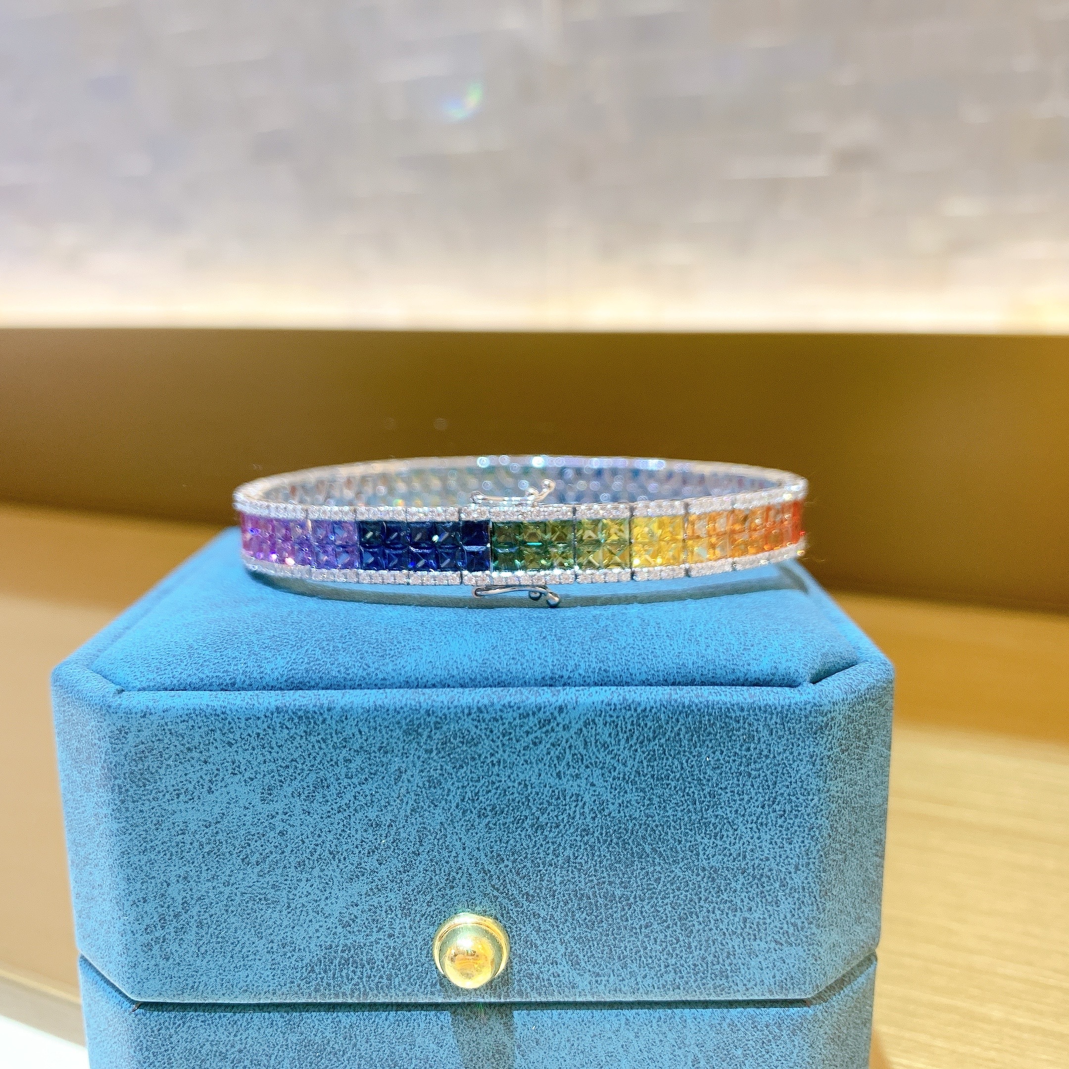 (現貨)18K金彩虹藍寶石鑽石手鍊-雙行