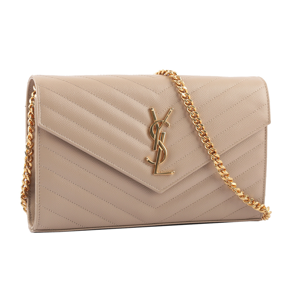 V紋荔枝皮金色LOGO WOC 斜背包(深米色)