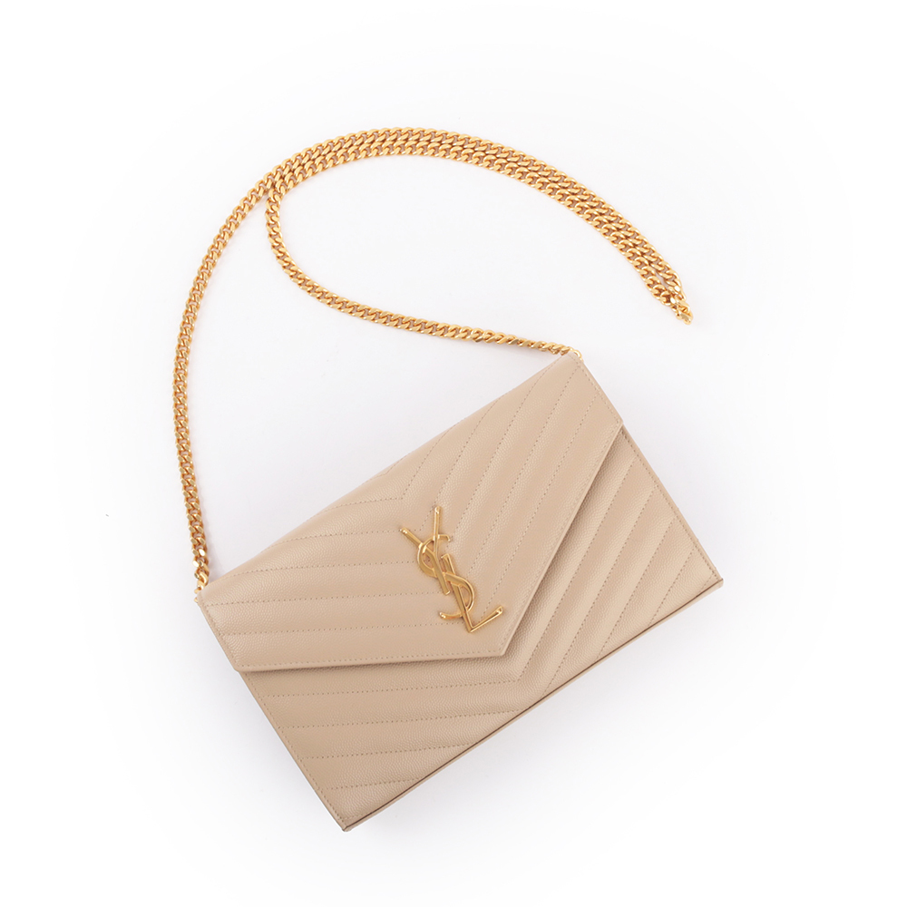 V紋荔枝皮金色LOGO WOC 斜背包(深米色)