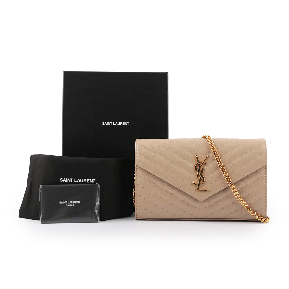 V紋荔枝皮金色LOGO WOC 斜背包(深米色)