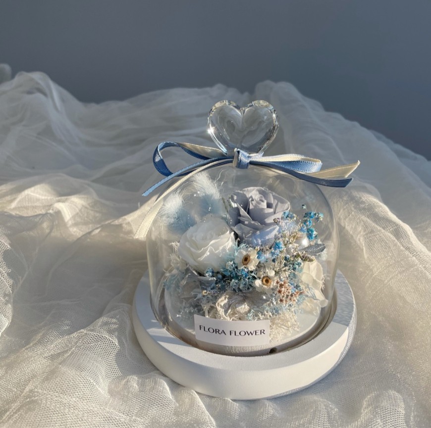 永生花愛心玻璃罩夜燈-藍白